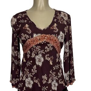 Quizz Bazaar Blouse Women's Medium Burgundy & White Flowy Floral Vintage Top